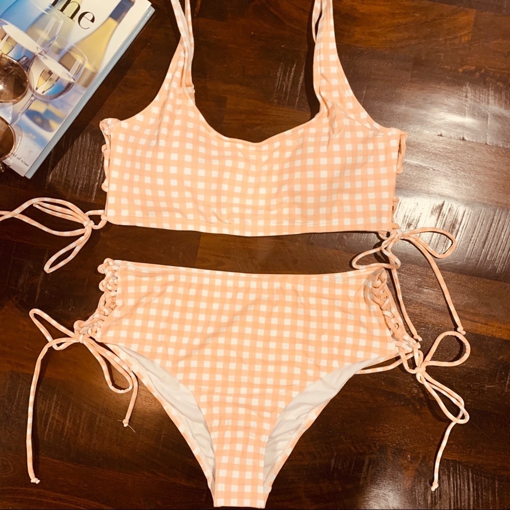 Retro Pink Plaid Lace Up Bikini - Picture 6 of 6